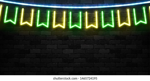Vector realistic isolated neon sign of Brazil party flags  for template decoration on the wall background. Concept of 7th September, Brazil's Independence Day.