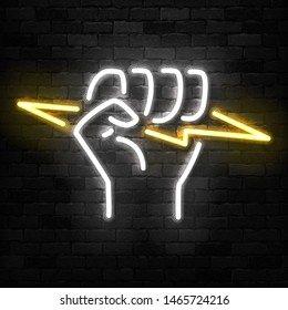 Vector realistic isolated neon sign of fist holding a lightning logo for template decoration and covering on the wall background.