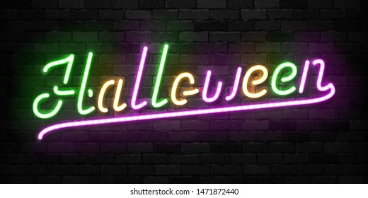 Vector realistic isolated neon sign of Halloween typography logo for template decoration and invitation covering on the wall background. Concept of Happy Halloween party.