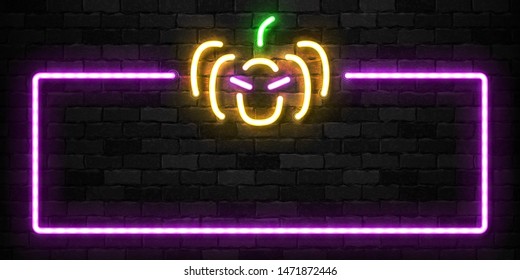 Vector realistic isolated neon sign of Halloween frame logo with creepy pumpkin for template decoration and invitation covering on the wall background. Concept of Happy Halloween party.