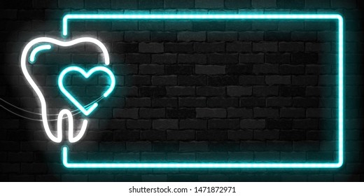 Vector realistic isolated neon sign of Tooth frame logo for template decoration and mockup covering on the wall background. Concept of dentist clinic and healthcare.