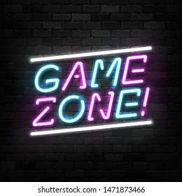 Vector realistic isolated neon sign of Game Zone for template and layout on the wall background. Concept of gaming.