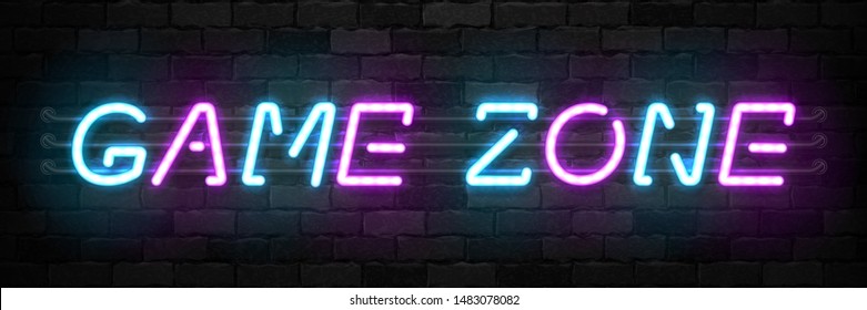 Vector realistic isolated neon sign of Game Zone typography logo for template and layout on the wall background. Concept of gaming.