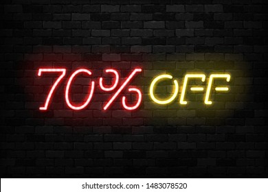 Vector realistic isolated neon sign of Neon Sale Discount 70 Percent logo for template decoration on the wall background. Concept of Black Friday and winter holidays.