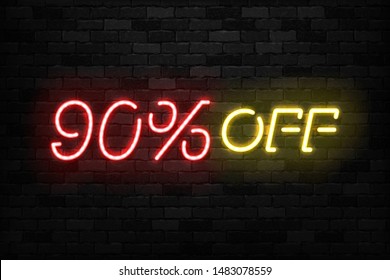 Vector realistic isolated neon sign of Neon Sale Discount 90 Percent logo for template decoration on the wall background. Concept of Black Friday and winter holidays.
