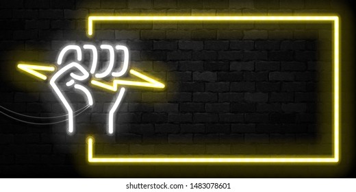 Vector realistic isolated neon sign of fist holding a lightning frame logo for template decoration and covering on the wall background.