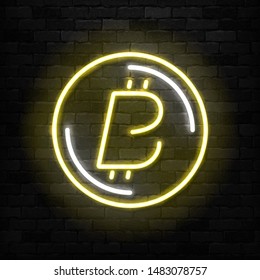 Vector realistic isolated neon sign of Bitcoin logo for decoration and covering on the wall background. Concept of cryptocurrency exchange and blockchain.