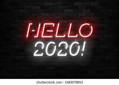 Vector realistic isolated neon sign of Hello 2020 logo for template decoration and covering on the wall background. Concept of Happy New Year and Merry Christmas.