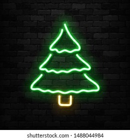 Vector realistic isolated neon sign of Christmas Tree logo for template decoration and invitation covering on the wall background. Concept of Merry Christmas and Happy New Year.