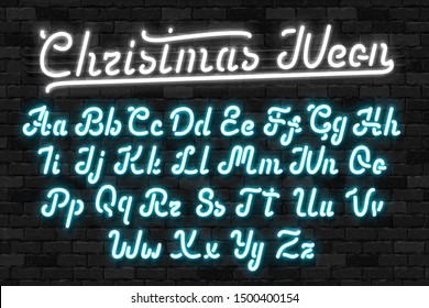 Vector realistic isolated neon sign of Christmas Neon alphabet font for template decoration and invitation covering on the wall background. Concept of Merry Christmas and Happy New Year.