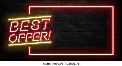 Vector realistic isolated neon sign of Best Offer frame logo for template decoration and invitation covering on the wall background. Concept of sale and black friday.