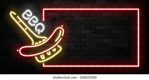 Vector realistic isolated neon sign of BBQ frame logo for template decoration on the wall background. Concept of barbecue grill.