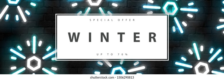 Vector realistic isolated neon sign of Winter Sale frame logo for template decoration and invitation promo covering on the wall background. Concept of Merry Christmas and Happy New Year.