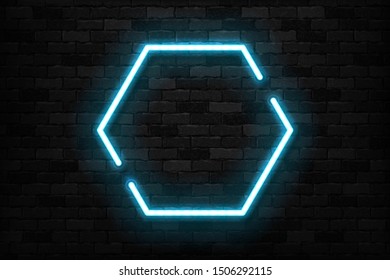 Vector realistic isolated neon sign of blue hexagon frame for template invitation decoration and layout promo covering on the wall background.