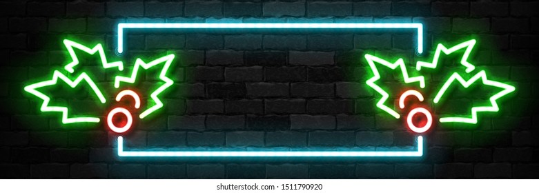 Vector realistic isolated neon sign of Merry Christmas frame logo for template decoration and invitation promo covering on the wall background. Concept of Happy New Year.