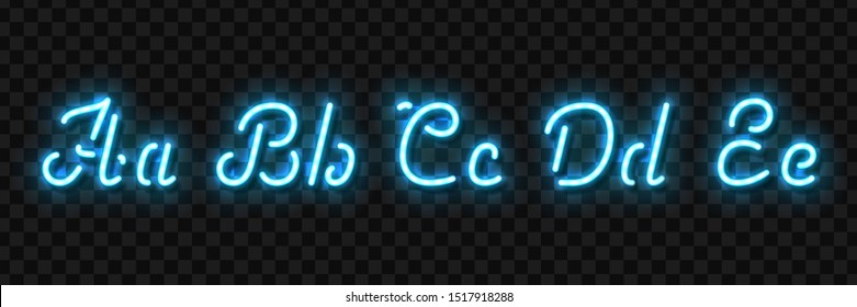 Vector realistic isolated neon sign of A, B, C, D, E letters of typography alphabet font for template decoration and invitation covering on the transparent background.