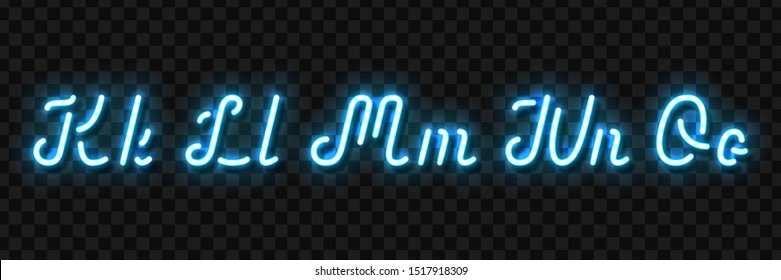 Vector realistic isolated neon sign of K, L, M, N, O letters of typography alphabet font for template decoration and invitation covering on the transparent background.
