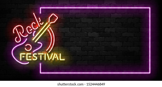 Vector realistic isolated neon sign of Rock Festival frame logo for template decoration on the wall background. Concept of live concert and music.