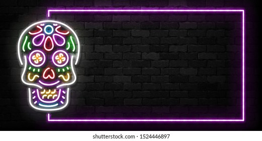 Vector realistic isolated neon sign of Skull frame logo for template decoration and covering on the wall background. Concept of Dia De Los Muertos, Day of the Dead, Happy Halloween in Mexico.