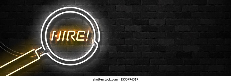 Vector realistic isolated neon sign of Hire flyer logo for template decoration and invitation covering on the wall background.