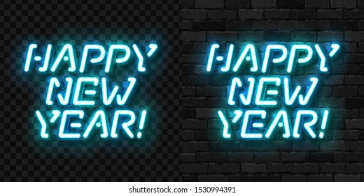 Vector realistic isolated neon sign of Happy New Year logo for template decoration and invitation covering on the wall and transparent background. Concept of Merry Christmas.