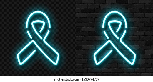 Vector realistic isolated neon sign of Blue Ribbon logo for decoration and covering on the wall and transparent background. Concept of November, Prostate cancer awareness month.