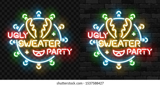 Vector realistic isolated neon sign of Ugly Sweater Party logo for decoration and covering on the wall and transparent background. Concept of Merry Christmas and Happy New Year.