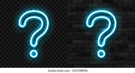 Vector realistic isolated neon sign of Question logo for template decoration and covering on the wall and transparent background. Concept of trivia and did you know quiz.