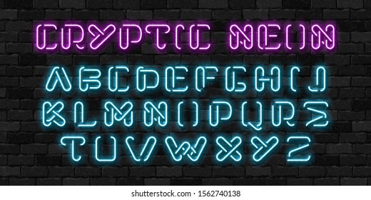 Vector realistic isolated neon sign of Cryptic Neon alphabet font for template decoration and invitation covering on the wall background.