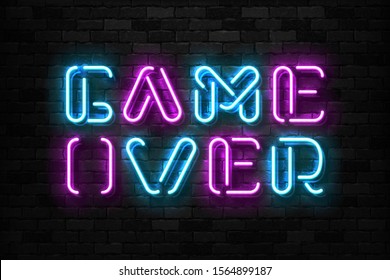 Vector realistic isolated neon sign of Game Over typography logo for template decoration and covering on the wall background. Concept of gaming.