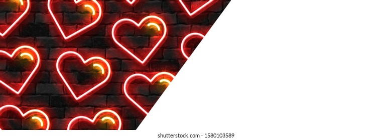 Vector realistic isolated neon sign of Happy Valentines Day with red hearts banner for template decoration and layout covering on the wall background.