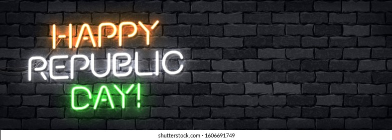 Vector realistic isolated neon sign of 26 January, Happy Republic Day in India flyer logo for template decoration and covering on the wall background.