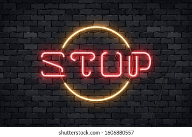 Vector realistic isolated neon sign of Stop logo for template decoration and covering on the wall background.