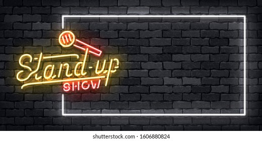 Vector realistic isolated neon sign of Comedy Show frame logo for template decoration on the wall background. Concept of stand up performance and humor.