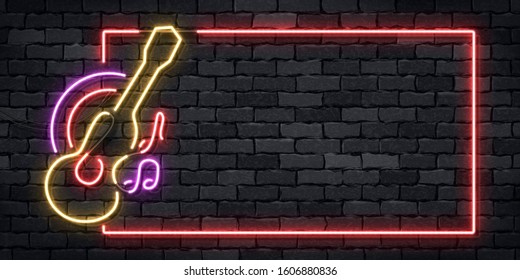 Vector realistic isolated neon sign of Guitar frame logo for template decoration on the wall background. Concept of live concert and music.