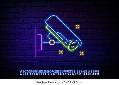 Vector realistic isolated neon sign of CCTV logo for template decoration and layout covering on the wall background. Concept of security camera and surveillance.