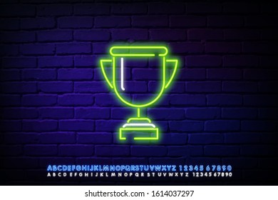 Vector realistic isolated neon sign of Golden Cup trophy frame logo for template decoration and invitation covering on the wall background. Concept of winning, award ceremony and jackpot.