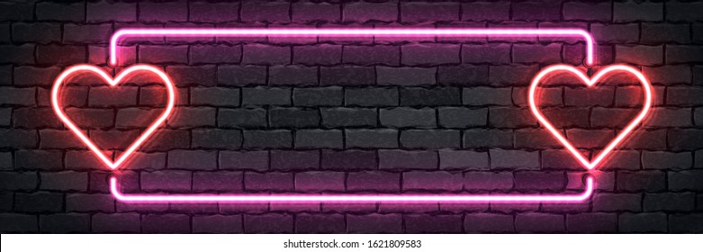 Vector realistic isolated neon sign of frame with hearts for template decoration and layout covering on the wall background. Concept of Happy Valentines Day.