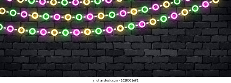 Vector realistic isolated neon sign of Mardi Gras flyer logo for template decoration and covering on the wall background.