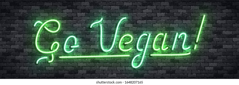 Signo de neón aislado vectorial realistas del logo Go Vegan para la decoración y el recubrimiento en el fondo de la pared. Concepto de café vegetariano y producto ecológico.