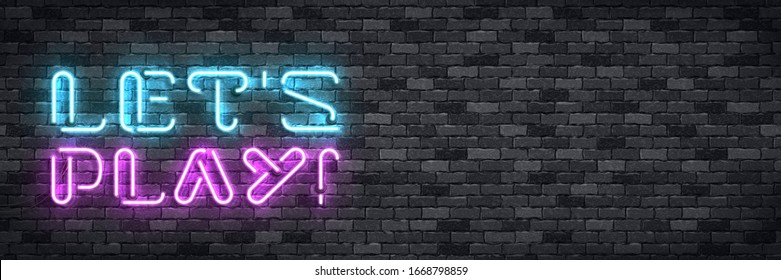 Vector realistic isolated neon sign of Let's Play flyer logo for template decoration and covering on the wall background. Concept of gaming.