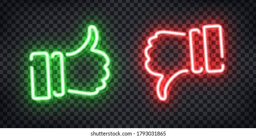 Vector realistic isolated neon sign of Thumb up and down logo for decoration and covering on the transparent background. Concept of rating, network and social media.

