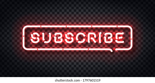 Signo de neón aislado vectorial realista del logotipo Suscribir para la decoración de plantillas y cubriendo el fondo transparente. Concepto de medios sociales y SEO.