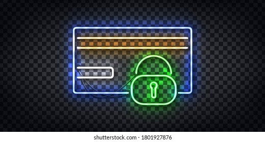 Signo de neón aislado vectorial realista de protección de tarjeta de crédito y logotipo de marco de seguridad para la decoración de plantillas y fondo de diseño. Concepto de fraude y seguridad.

