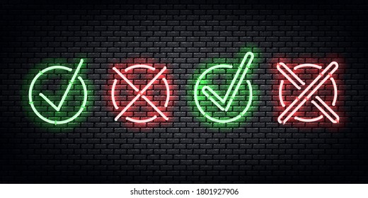 Vector realistic isolated neon sign of Tick and Cross logo for decoration and covering on the wall background.