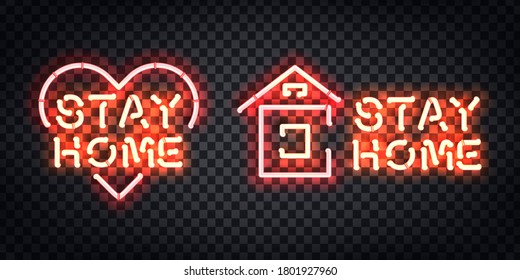 Vector realistic isolated neon sign of Stay Home logo for decoration and template covering on the transparent background.