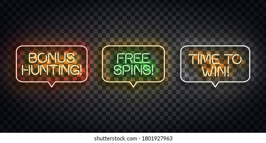 Vector realistic isolated neon sign of Bonus Hunting frame logo for template decoration and invitation covering on the transparent background. Concept of free spins, bonus and casino.
