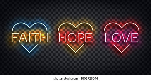 Vector realistic isolated neon sign of Faith, Hope and Love logo for template decoration and layout covering on the transparent background. Concept of Happy Easter and Christianity.