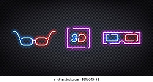 Señal de neón aislado vectorial realista del logotipo 3D Glasses para la decoración y cubierta sobre el fondo transparente. Concepto de cine, estudio de películas y director.