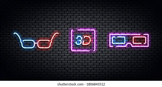 Vector realistic isolated neon sign of 3D Glasses logo for decoration and covering on the wall background. Concept of cinema, movie studio and director.